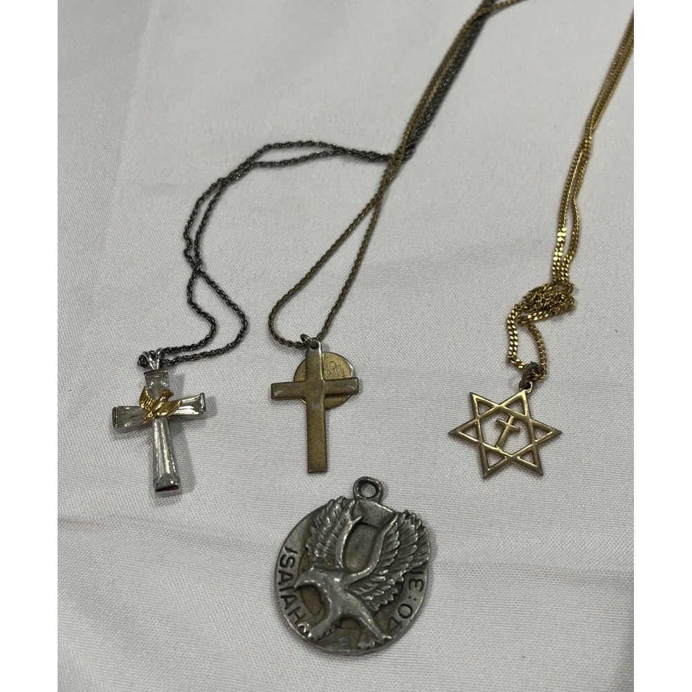 Fashion Jewelry Necklace & Pendant Lot Of 4 , Cross, Star Of David, Isaiah Eagle